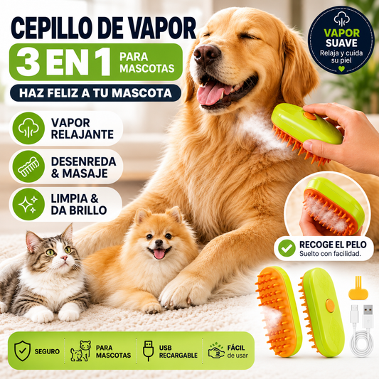 SteamPet Pro™ – Cepillo de Vapor 3 en 1 para Mascotas